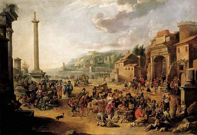 A market in an Italianate harbour with Diogenes in search of an honest man